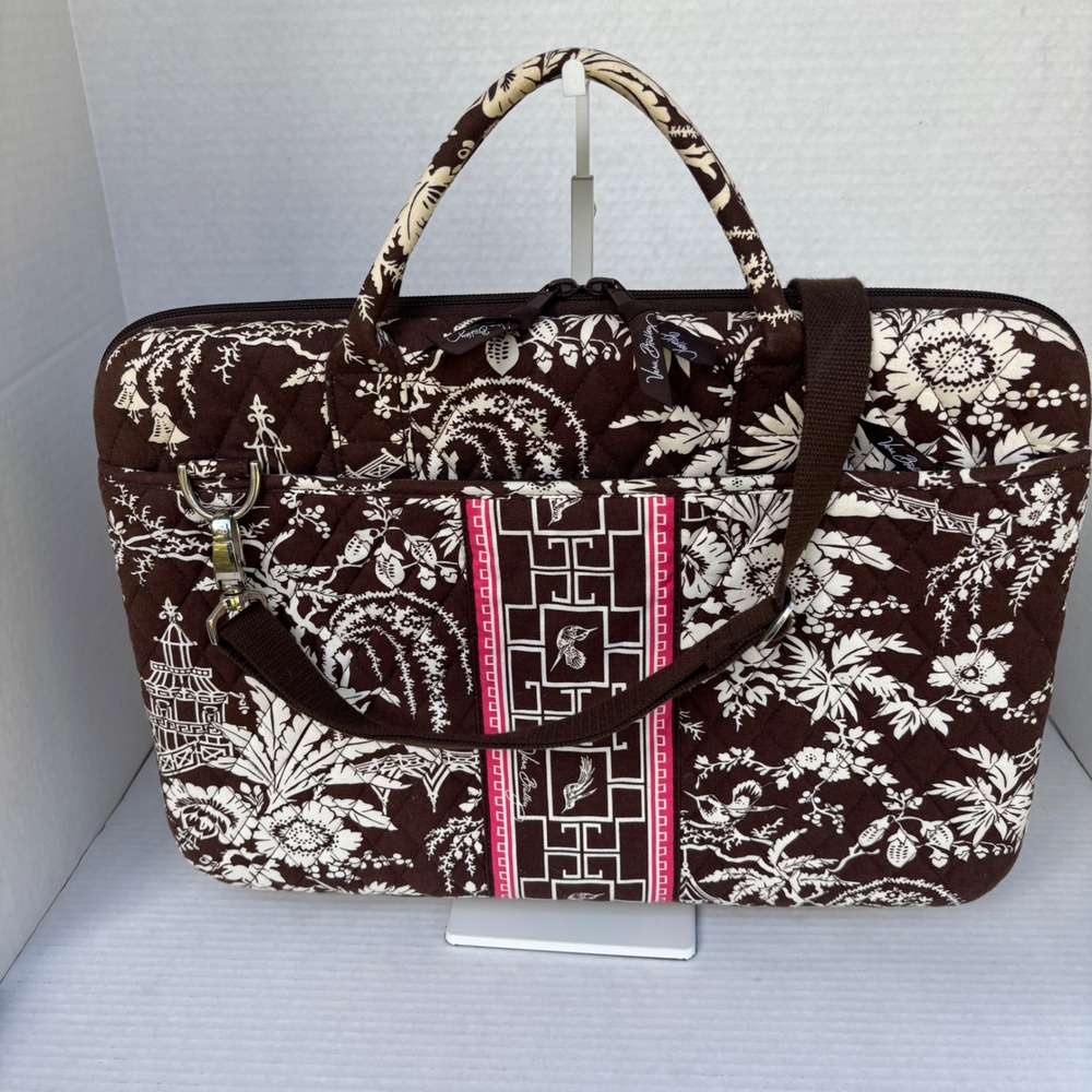 Vera Bradley Java Blue Quilted Laptop Messenger Bag Brown Floral Pagoda Case